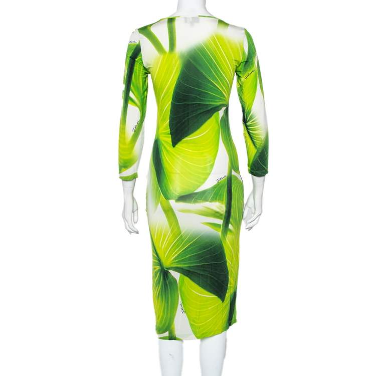 Pre Owned Just Cavalli Green Leaf Printed Knit Scoop Neck Sheath Dress M