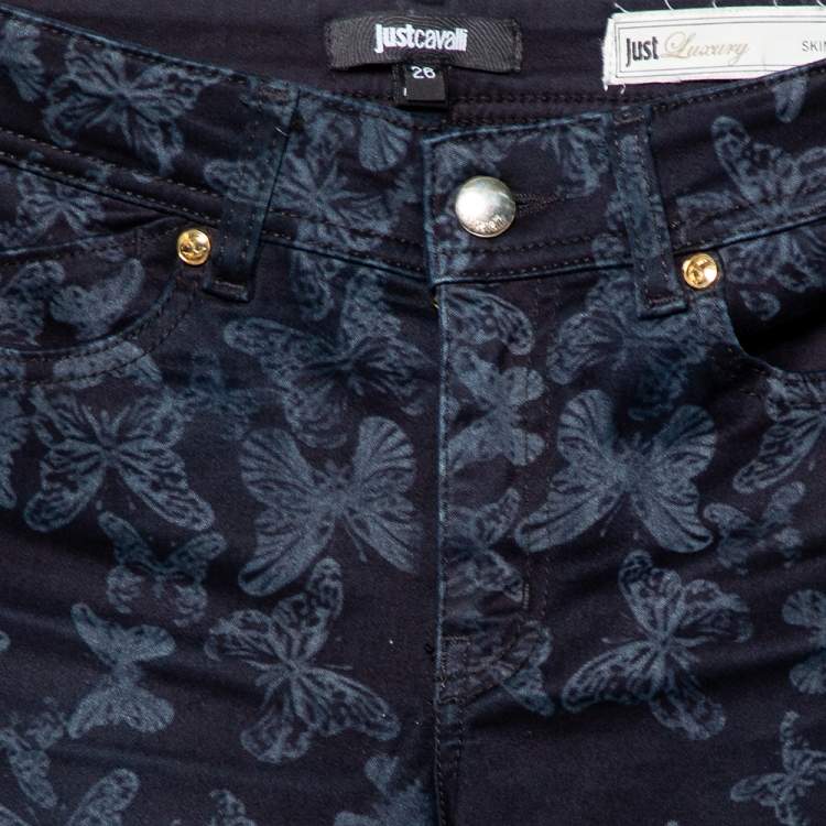 Pre Owned Just Cavalli Just Luxury Navy Blue Butterfly Printed Denim Skinny Leg Jeans S