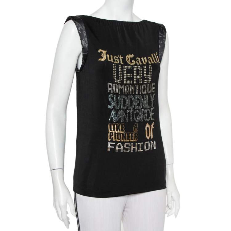 Pre Owned Just Cavalli Black Printed Jersey Puffed Armhole Detail T-Shirt S