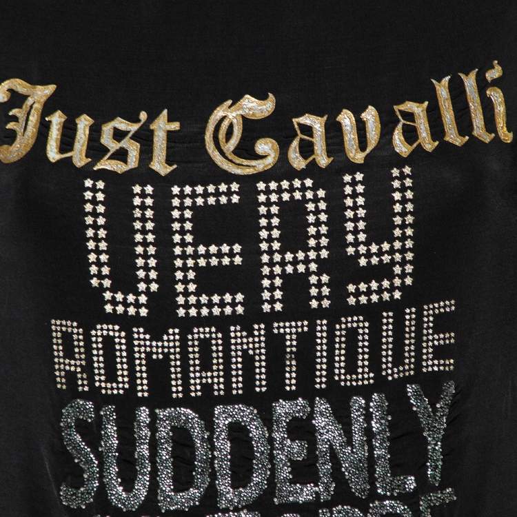 Pre Owned Just Cavalli Black Printed Jersey Puffed Armhole Detail T-Shirt S