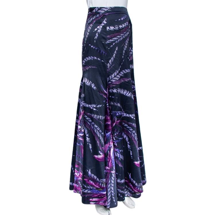 Pre Owned Just Cavalli Purple Printed Satin Flared Maxi Skirt M