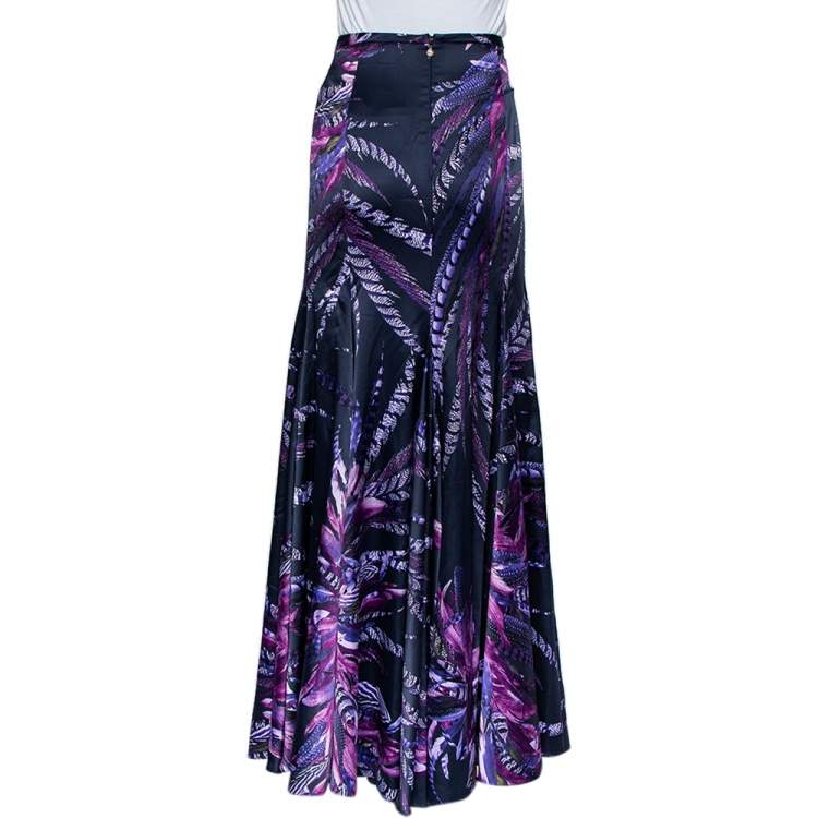 Pre Owned Just Cavalli Purple Printed Satin Flared Maxi Skirt M
