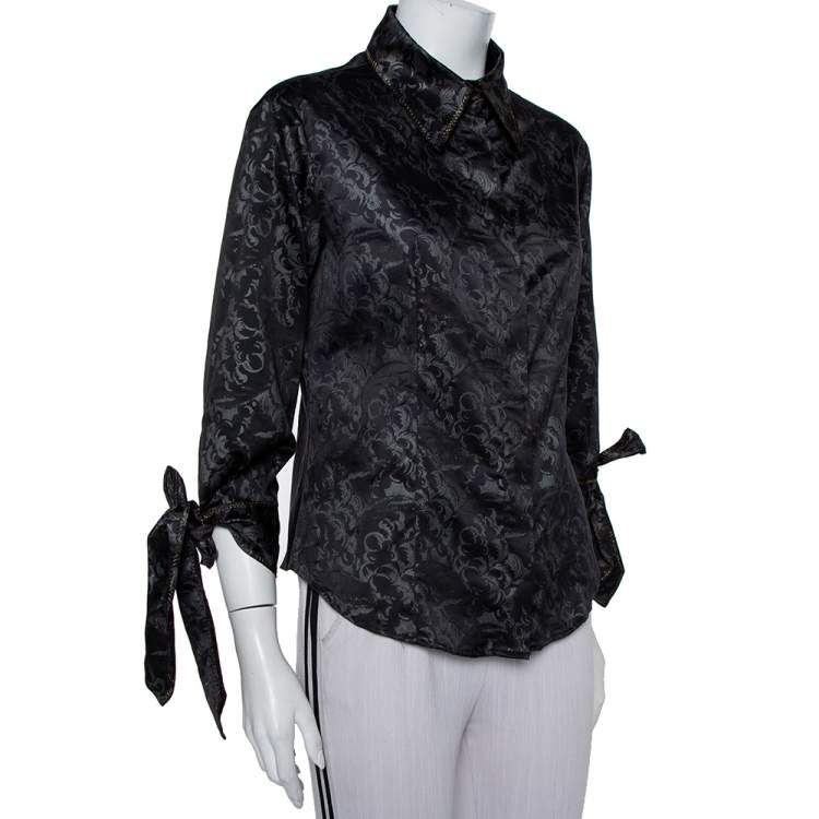 Pre Owned Just Cavalli Black Printed Satin Sleeve Tie Detail Shirt M