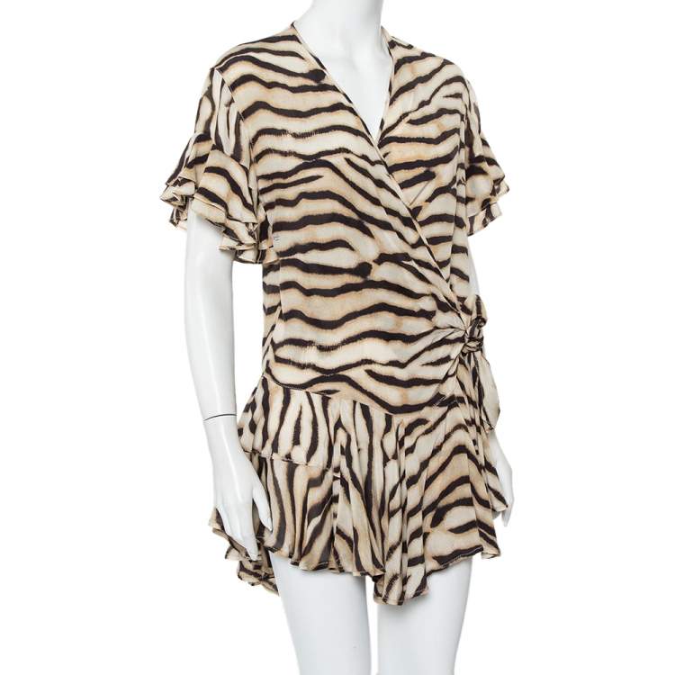 Pre Owned Just Cavalli Beige Animal Printed Silk Ruffled Mini Wrap Dress S