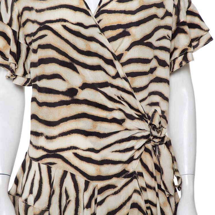 Pre Owned Just Cavalli Beige Animal Printed Silk Ruffled Mini Wrap Dress S