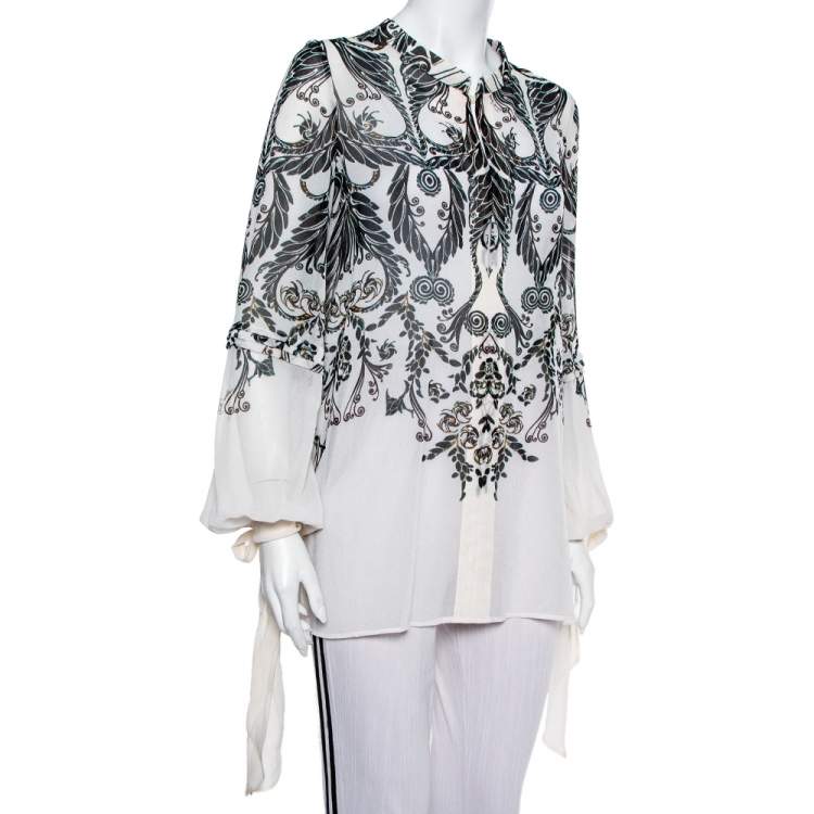 Pre Owned Just Cavalli Monochrome Printed Silk Sleeve Tie Detail Top M