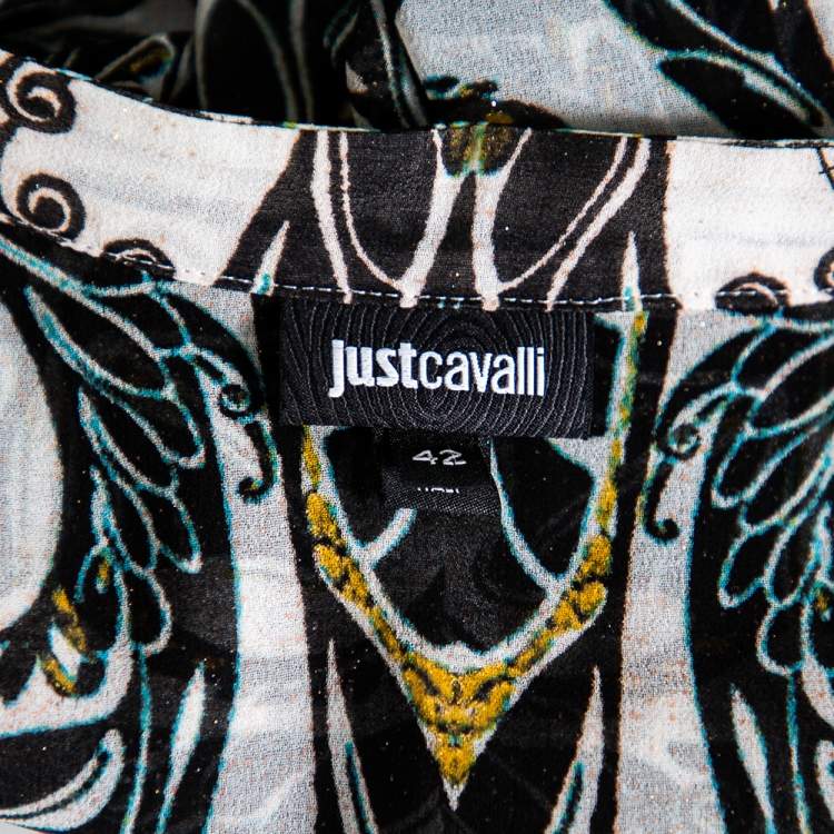 Pre Owned Just Cavalli Monochrome Printed Silk Sleeve Tie Detail Top M