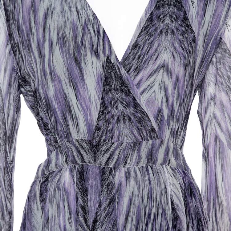 Pre Owned Just Cavalli Purple Printed Chiffon Faux Wrap Dress M 