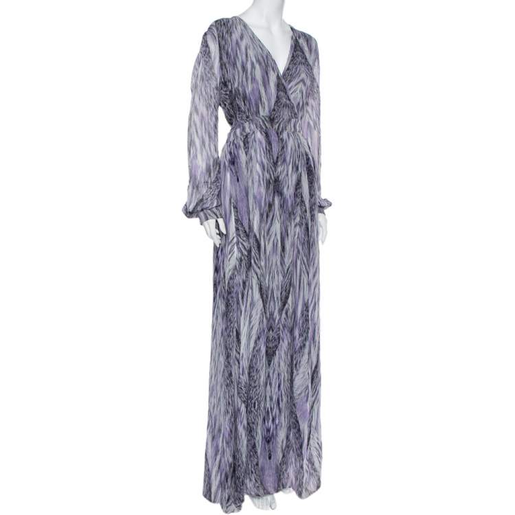 Pre Owned Just Cavalli Purple Printed Chiffon Faux Wrap Dress M 