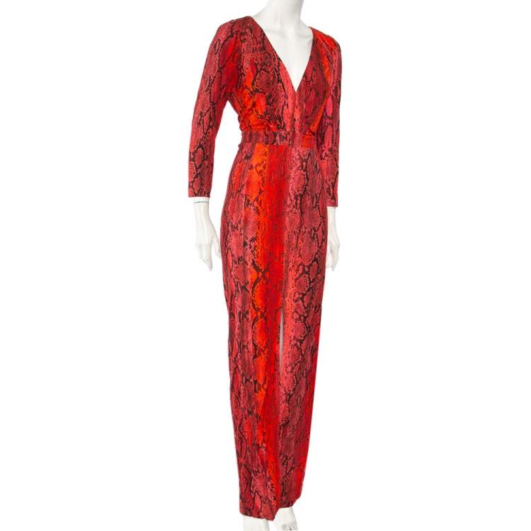 Pre Owned Just Cavalli Red Python Print Long Sleeve Cutout Back Detail Maxi Dress M