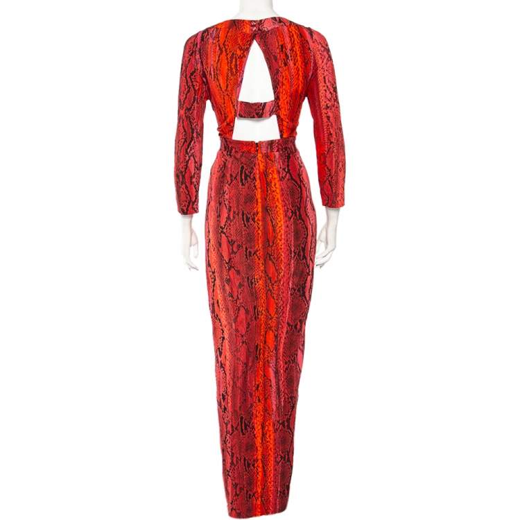 Pre Owned Just Cavalli Red Python Print Long Sleeve Cutout Back Detail Maxi Dress M