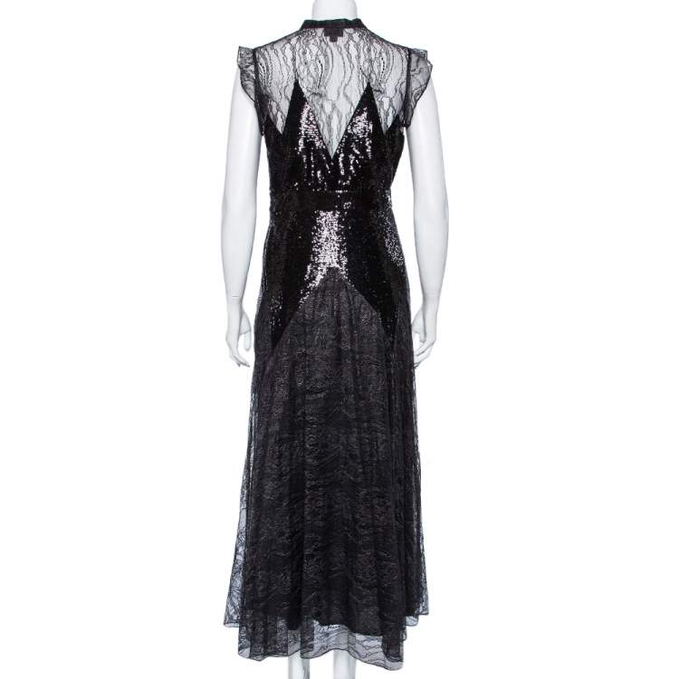 Pre Owned Just Cavalli Black Sequin Embellished Lace Flared Maxi Dress M
