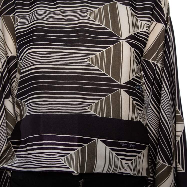 Pre Owned Just Cavalli Multicolor Geometric Printed Silk Stripe Detail Cropped Kaftan Top M 