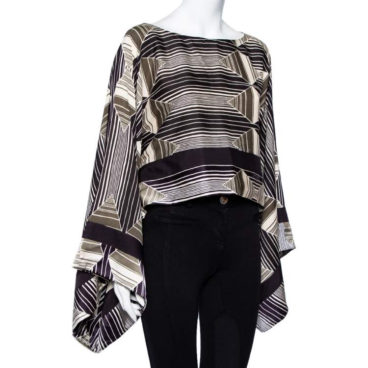 Pre Owned Just Cavalli Multicolor Geometric Printed Silk Stripe Detail Cropped Kaftan Top M 