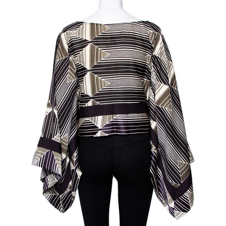 Pre Owned Just Cavalli Multicolor Geometric Printed Silk Stripe Detail Cropped Kaftan Top M 
