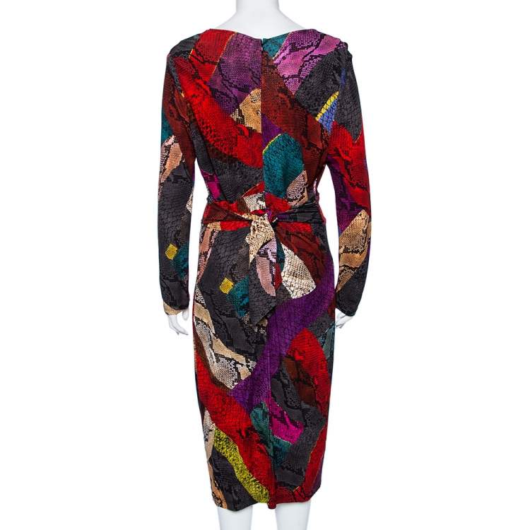 Pre Owned Just Cavalli Multicolor Animal Printed Jersey Faux Wrap Midi Dress  L