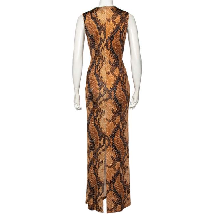 Pre Owned Just Cavalli Brown Snakeskin Printed Jersey Faux Wrap Sleeveless Maxi Dress M