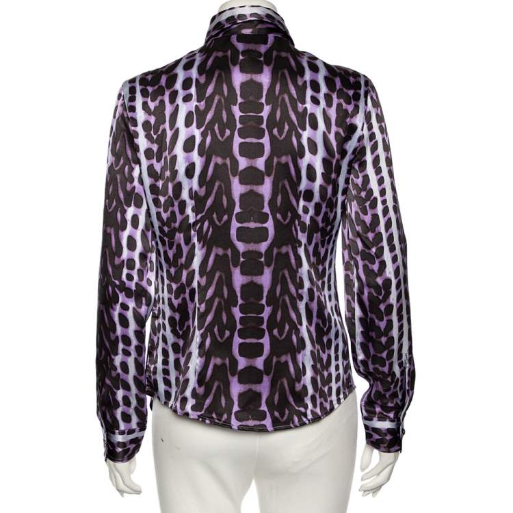 Pre Owned Just Cavalli Purple Leopard Print Silk Button Front Shirt M