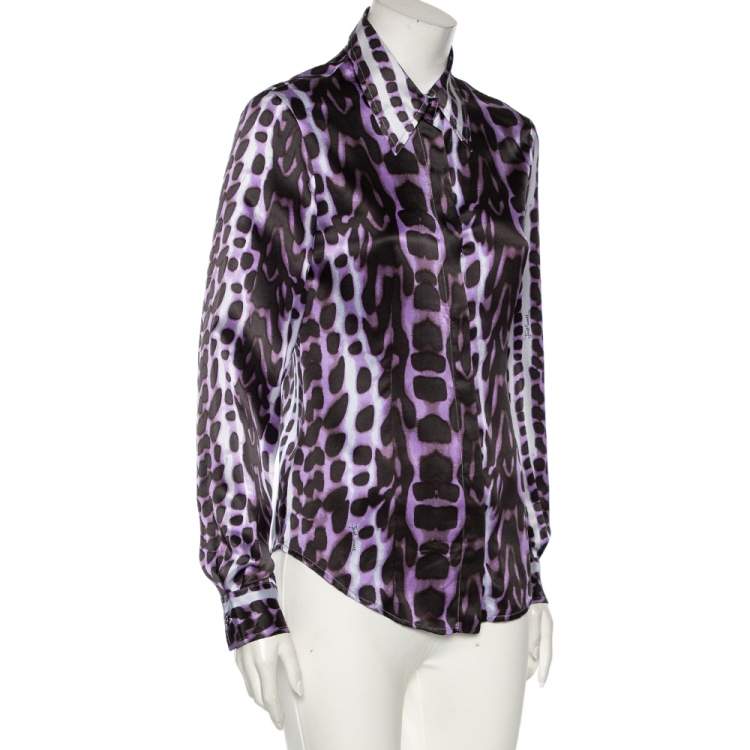 Pre Owned Just Cavalli Purple Leopard Print Silk Button Front Shirt M