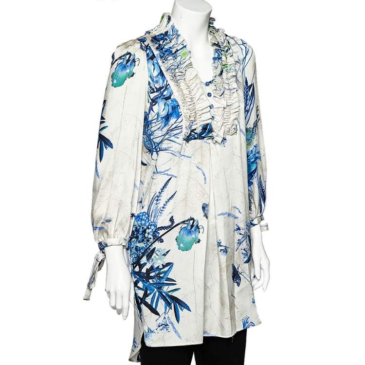 Pre Owned Just Cavalli White Floral Printed Ruffle Neck Detail Tunic M