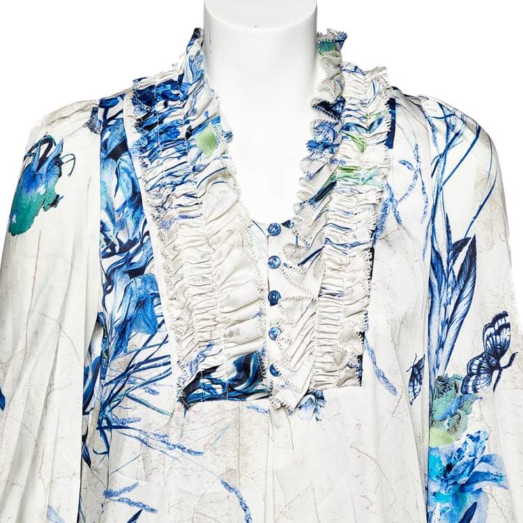 Pre Owned Just Cavalli White Floral Printed Ruffle Neck Detail Tunic M