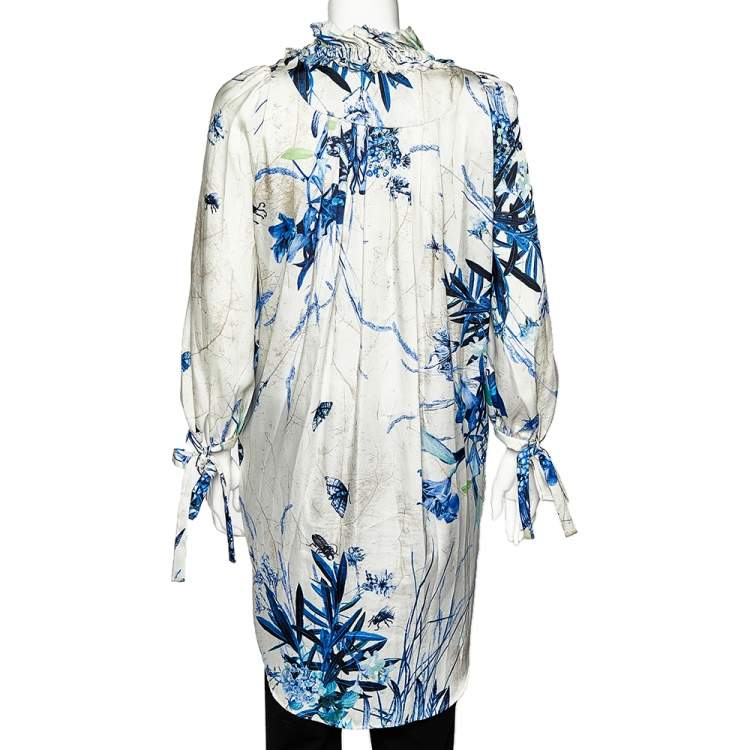 Pre Owned Just Cavalli White Floral Printed Ruffle Neck Detail Tunic M