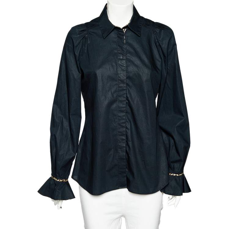 مملوكة مسبقًا Just Cavalli Black Cotton Leopard Print Trim Button Front Shirt L