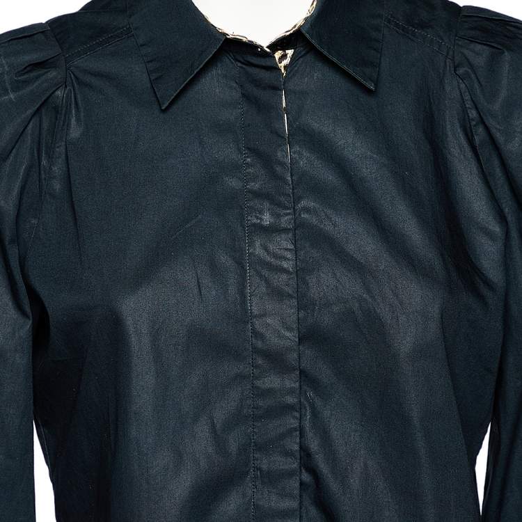 مملوكة مسبقًا Just Cavalli Black Cotton Leopard Print Trim Button Front Shirt L