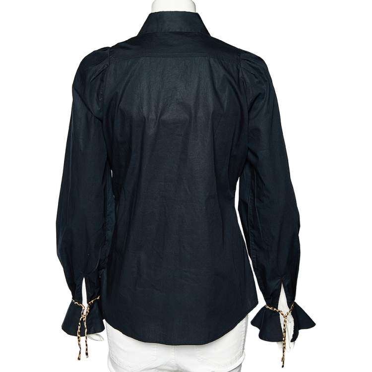 مملوكة مسبقًا Just Cavalli Black Cotton Leopard Print Trim Button Front Shirt L