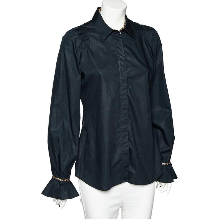 مملوكة مسبقًا Just Cavalli Black Cotton Leopard Print Trim Button Front Shirt L