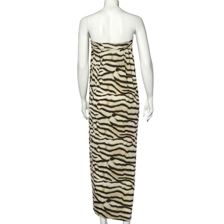 Pre Owned Just Cavalli Beige Animal Striped Jersey Draped Strapless Dress S