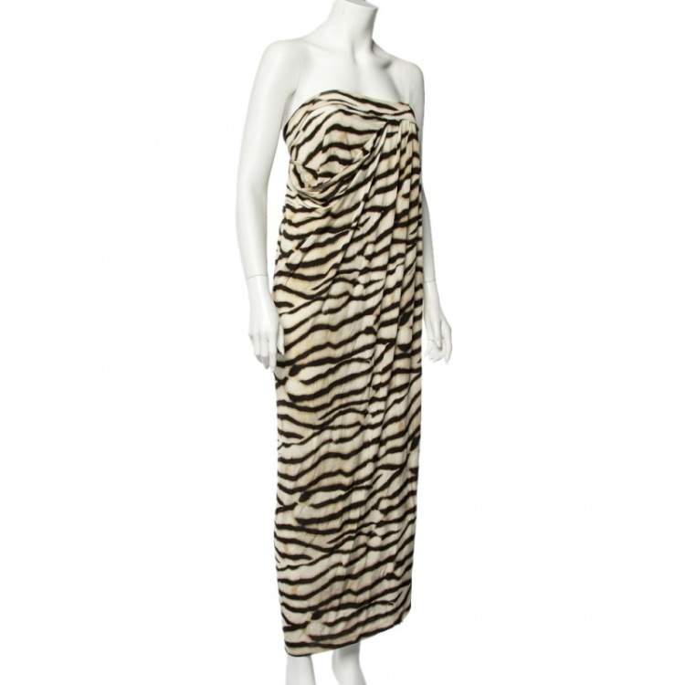 Pre Owned Just Cavalli Beige Animal Striped Jersey Draped Strapless Dress S