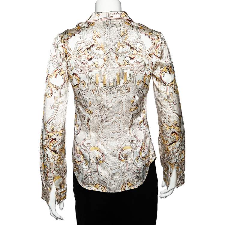 Pre Owned Just Cavalli White Printed Silk Satin Button Front Shirt S