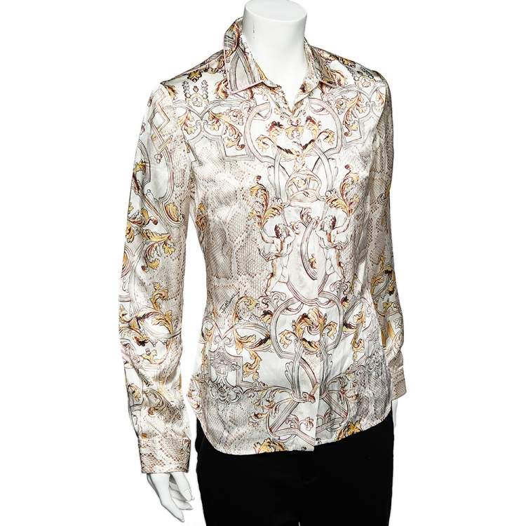 Pre Owned Just Cavalli White Printed Silk Satin Button Front Shirt S