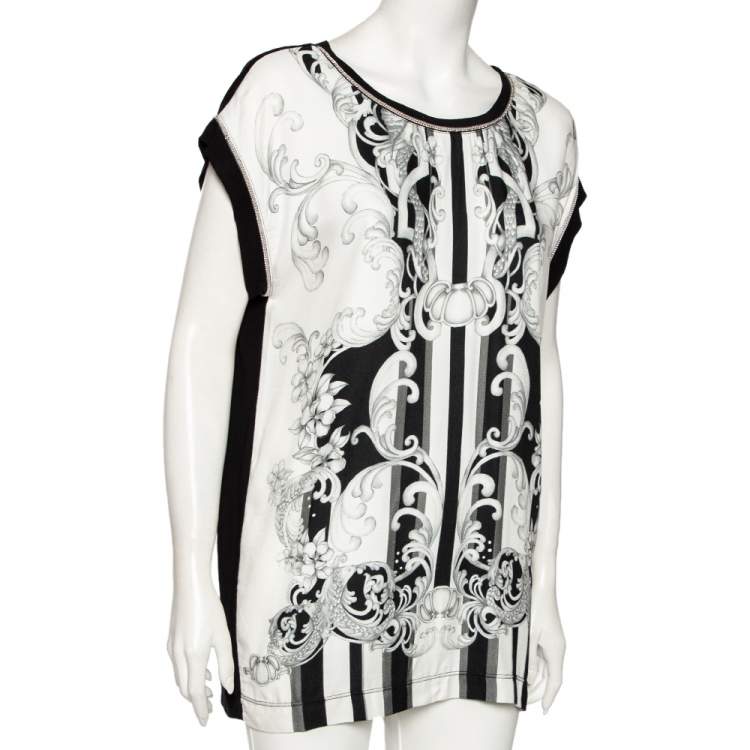 مملوكة مسبقًا Just Cavalli Black Abstract Printed Knit Paneled Chain Detail T-Shirt L 