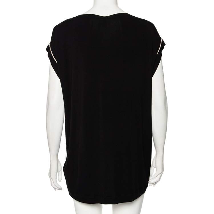 مملوكة مسبقًا Just Cavalli Black Abstract Printed Knit Paneled Chain Detail T-Shirt L 