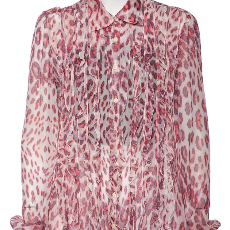 مملوكة مسبقًا Just Cavalli Pink Printed Silk Ruffle Detail Button Front Sheer Shirt L