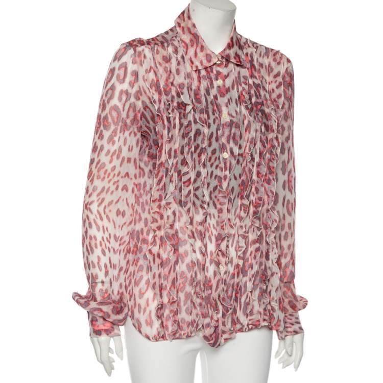 مملوكة مسبقًا Just Cavalli Pink Printed Silk Ruffle Detail Button Front Sheer Shirt L