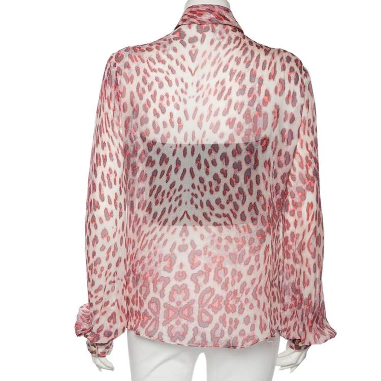 مملوكة مسبقًا Just Cavalli Pink Printed Silk Ruffle Detail Button Front Sheer Shirt L