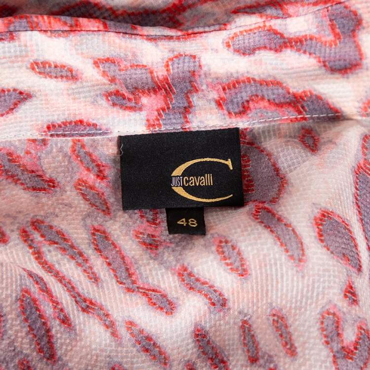 مملوكة مسبقًا Just Cavalli Pink Printed Silk Ruffle Detail Button Front Sheer Shirt L