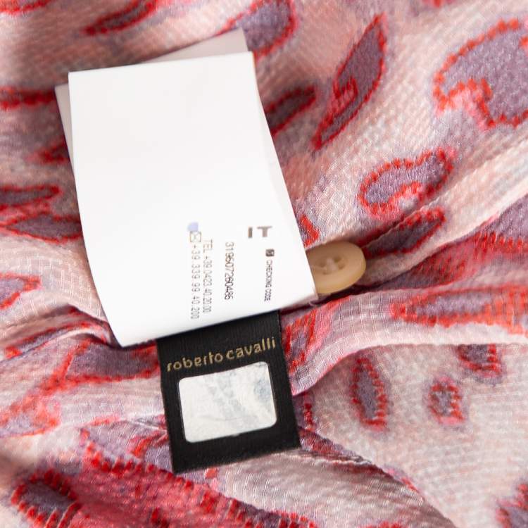 مملوكة مسبقًا Just Cavalli Pink Printed Silk Ruffle Detail Button Front Sheer Shirt L