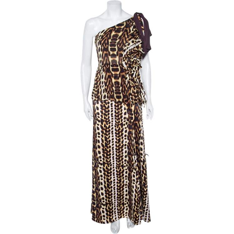 Pre Owned Just Cavalli Brown Animal Printed Satin & Georgette One Shoulder Top And Midi Skirt Set L