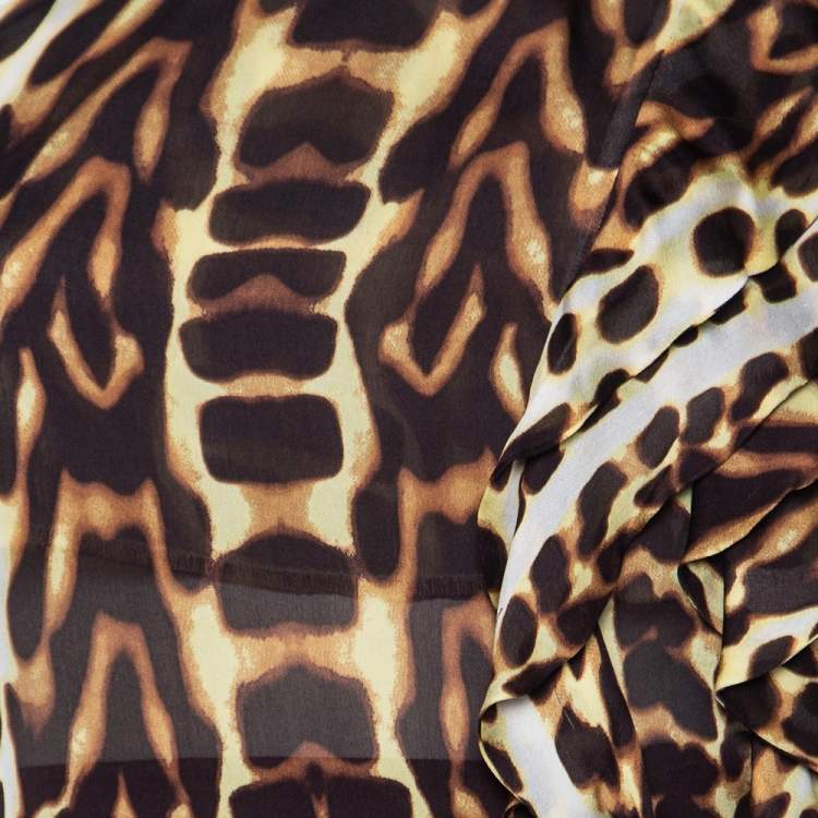 Pre Owned Just Cavalli Brown Animal Printed Satin & Georgette One Shoulder Top And Midi Skirt Set L