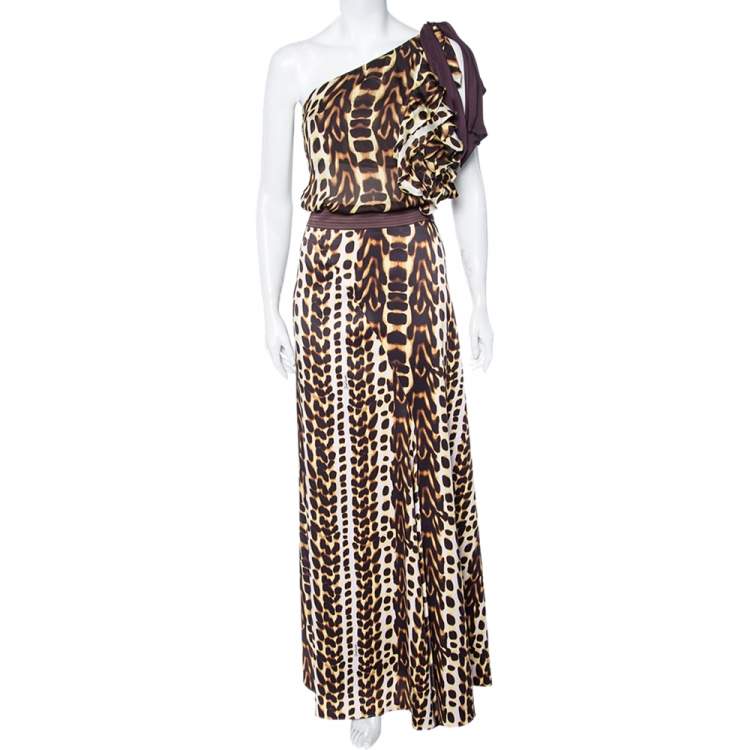 Pre Owned Just Cavalli Brown Animal Printed Satin & Georgette One Shoulder Top And Midi Skirt Set L