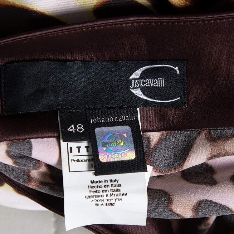 Pre Owned Just Cavalli Brown Animal Printed Satin & Georgette One Shoulder Top And Midi Skirt Set L