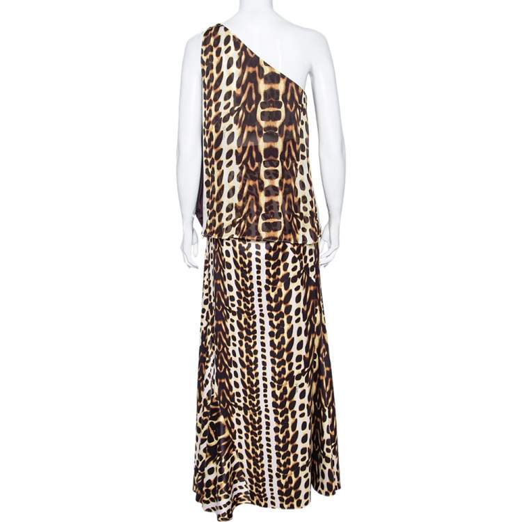 Pre Owned Just Cavalli Brown Animal Printed Satin & Georgette One Shoulder Top And Midi Skirt Set L
