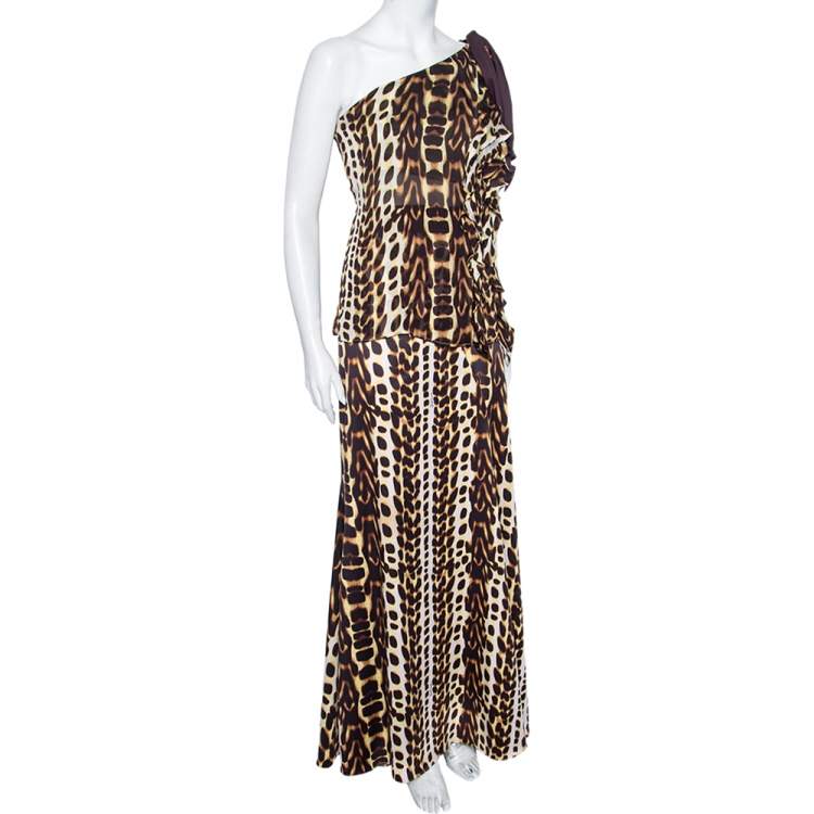 Pre Owned Just Cavalli Brown Animal Printed Satin & Georgette One Shoulder Top And Midi Skirt Set L