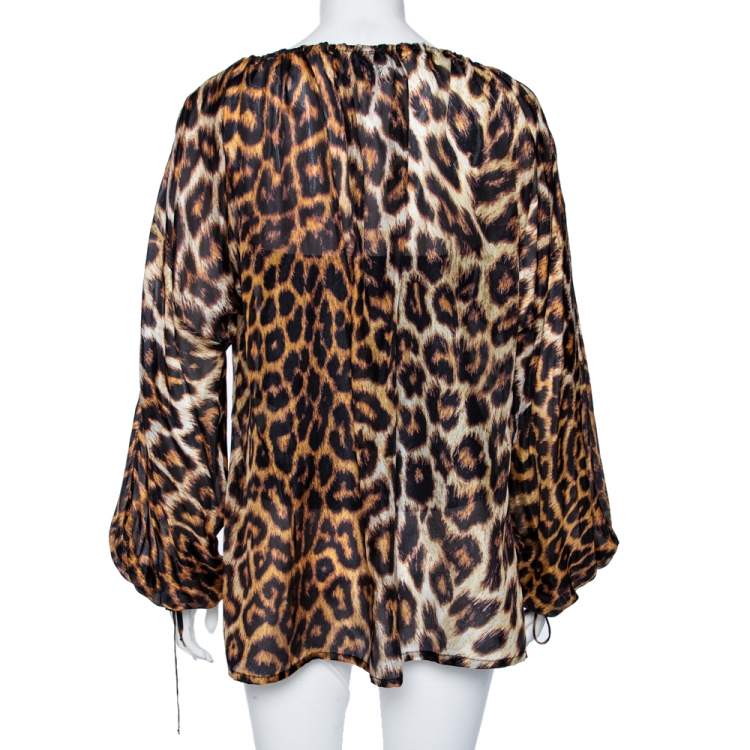 Pre Owned Just Cavalli Brown Animal Printed Silk Long Sleeve Blouse M