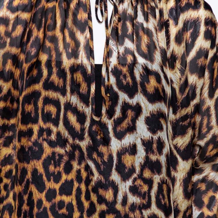 Pre Owned Just Cavalli Brown Animal Printed Silk Long Sleeve Blouse M
