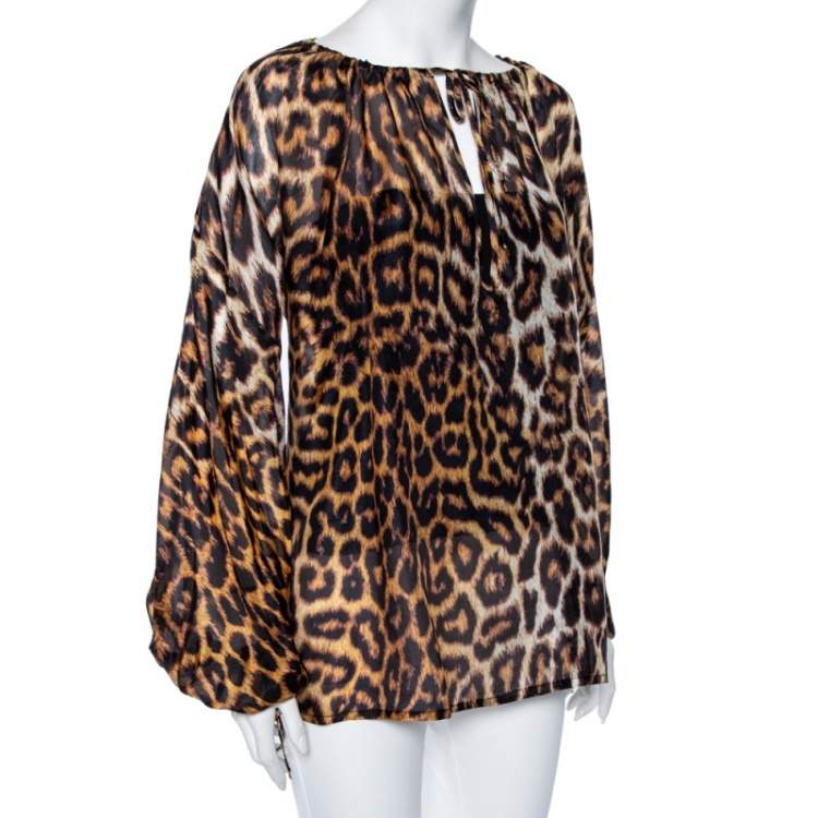 Pre Owned Just Cavalli Brown Animal Printed Silk Long Sleeve Blouse M